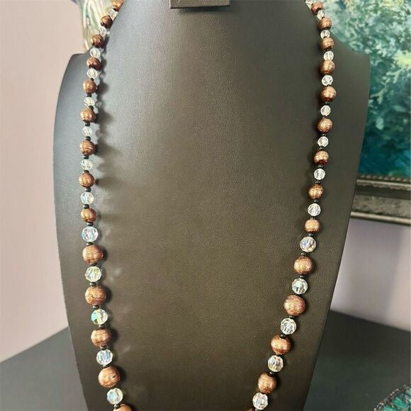 Vintage Bronze Beaded Necklace Adjustable Lobster Clasp AB Crystal Beads - Picture 1 of 6